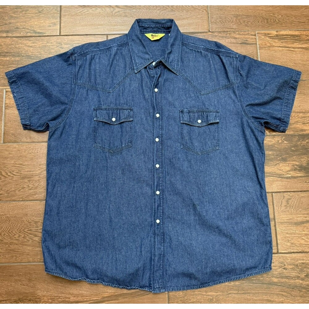 Men’s Western Denim Shirt Cotton Pearl Snap Work n Sport Short Sleeve Size XL